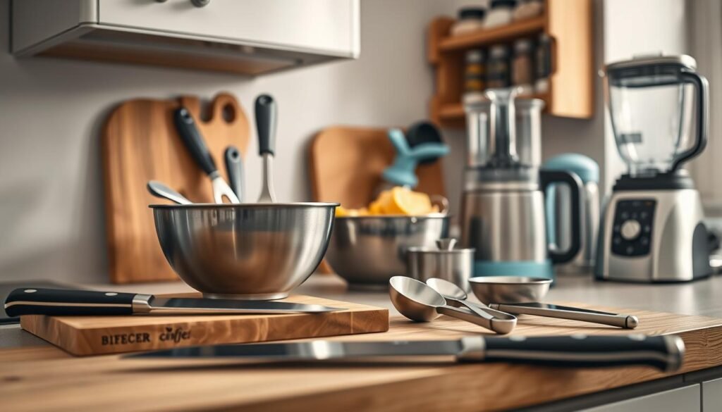 Cozy kitchen counter with a carefully curated selection of essential meal prep tools. In the foreground, a high-quality chef's knife, a sturdy cutting board, and a sleek set of measuring cups and spoons. In the middle ground, a stainless steel mixing bowl, a hand-held spiralizer, and a modern electric food processor. In the background, a minimalist blender, a set of glass storage containers, and a wooden spice rack with an array of spices. Soft, natural lighting illuminates the scene, highlighting the wooden textures and light blue accents that create a calming, inviting atmosphere.