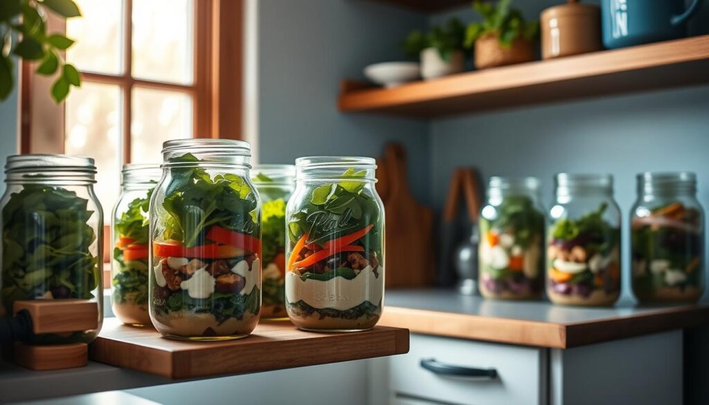 Cozy kitchen filled with natural light, wooden shelves and countertops, accented by soft blue tones. On the shelves, a collection of mason jars arranged neatly, each containing a vibrant layered salad - fresh greens, crunchy vegetables, and creamy dressings. The jars are sealed tightly, preserving the ingredients' flavors and textures. The scene exudes a sense of organization and wellness, inviting the viewer to savor a healthy, portable lunch.
