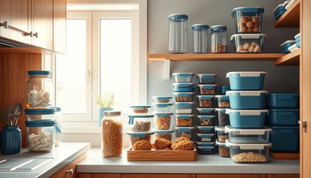 Cozy kitchen interior with wooden shelves, cabinets, and countertops. Sleek glass jars, airtight containers, and stacking storage boxes neatly arranged, creating a harmonious display of meal prep solutions. Soft natural light filters through the window, casting a warm glow on the blue-accented decor. The scene conveys an atmosphere of efficiency and mindfulness, suitable for batch cooking and meal planning.