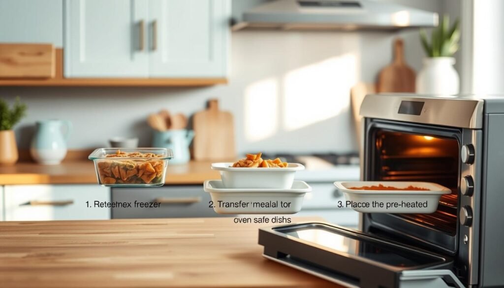 Cozy kitchen scene with wooden countertops, light blue accents, and minimal decor. On the countertop, three simple steps illustrating the reheating process for a frozen meal: 1) Removing the meal from the freezer container, 2) Transferring the meal to an oven-safe dish, 3) Placing the dish in the preheated oven. Soft natural lighting casts a warm glow, highlighting the steps in a clean, organized manner. The overall atmosphere is one of simplicity and ease, conveying the accessibility of reheating a homemade freezer meal.