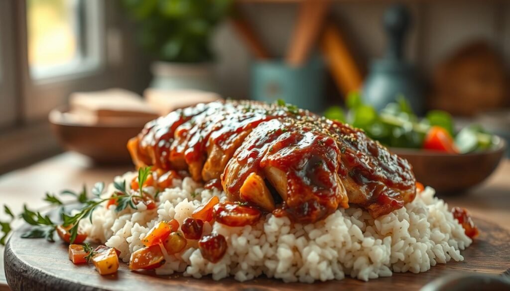 Cozy kitchen with rustic wood textures and light blue accents. Perfectly seared pulled chicken, glistening with a sweet and tangy barbecue glaze, sits atop a bed of fluffy white rice. Fragrant herbs and crunchy vegetables surround the main dish, creating a visually striking and appetizing scene. The image is captured from an angle that highlights the depth and texture of the food, inviting the viewer to imagine the savory aromas and satisfying flavors of this classic comfort meal. Soft, diffused lighting casts a warm glow, heightening the homemade, artisanal feel of the composition.
