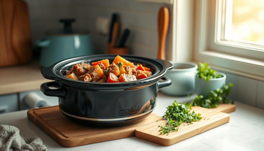 Cozy kitchen with warm wooden textures and light blue accents. On the counter, a slow cooker simmers with a hearty, aromatic stew - chunks of tender beef, root vegetables, and a rich, savory broth. Soft lighting casts a gentle glow, creating a comforting, homey atmosphere. Nearby, a cutting board displays freshly chopped herbs, ready to garnish the dish. The scene evokes the satisfaction of a nourishing, slow-cooked meal, perfect for a family dinner on a chilly evening.