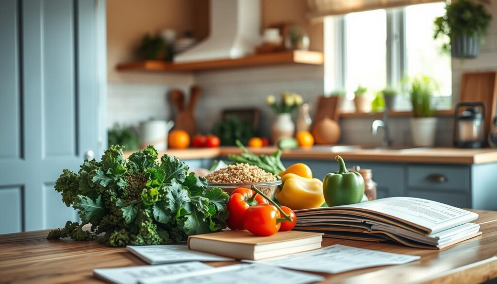 Cozy kitchen with warm wooden textures and light blue accents. On the counter, an array of vibrant, fresh ingredients - kale, quinoa, avocado, bell peppers, and other healthy staples. In the foreground, a collection of recipe books and handwritten notes, hinting at the creative, personalized dishes to be crafted. Soft, natural lighting filters through the windows, casting a gentle glow over the scene. The atmosphere is one of mindful culinary exploration, where special diets are embraced with ingenuity and care.