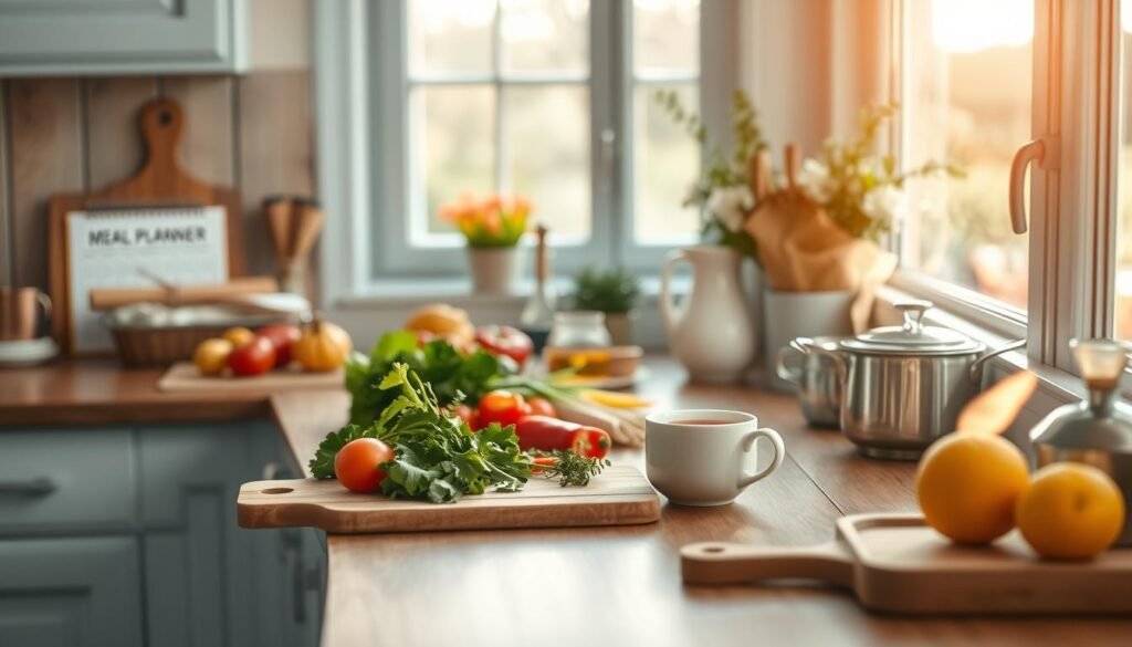 Cozy kitchen with warm wooden textures and light blue accents. On the counter, an array of fresh ingredients, recipe books, and a meal planning calendar. A cutting board with chopped vegetables, a simmering pot, and a steaming mug of tea. Soft, natural lighting casts a gentle glow, creating a serene, organized atmosphere. In the background, a window overlooking a peaceful outdoor scene. The overall mood is one of thoughtful preparation, balance, and a commitment to nourishing, homemade meals.