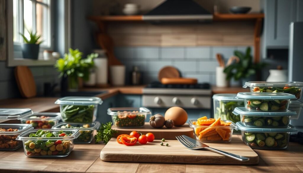 Cozy kitchen with wooden textures and light blue accents. In the foreground, an assortment of meal prep containers filled with healthy, balanced dishes. The middle ground features a cutting board with fresh produce, herbs, and meal prep tools. In the background, a window lets in natural light, casting a warm glow over the scene. The atmosphere is one of efficiency, organization, and the benefits of planning ahead for nourishing family dinners. Minimal, clean, and inviting.