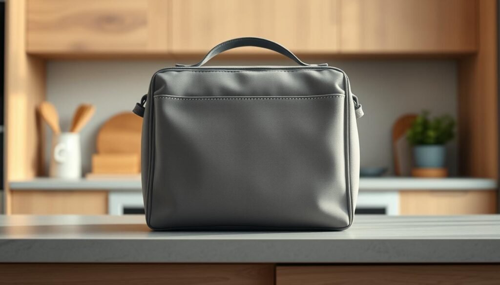 Cozy kitchen with wooden textures and light blue accents. On a clean, minimal countertop, a high-quality insulated lunch bag sits prominently. The bag is a neutral gray color, with subtle stitching details and a sleek, modern design. Soft, even lighting from above highlights the bag's texture and form, casting gentle shadows. The scene conveys a sense of organization and thoughtfulness, with the lunch bag positioned as the focal point, ready to keep a meal fresh and ready to enjoy in the office fridge.