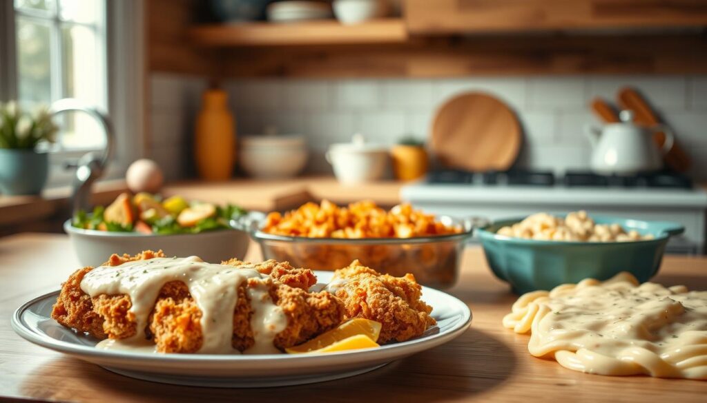 Cozy kitchen with wooden textures and light blue accents. On the counter, an array of family-friendly crunch cream recipes - crisp breaded chicken with a creamy sauce, crunchy vegetable casserole with a silky béchamel, and tender baked pasta blanketed in a luscious cheese sauce. Warm, soft lighting illuminates the scene, creating a comforting, inviting atmosphere. The recipes evoke a sense of home-cooked satisfaction, balancing textures for a delightful dining experience.