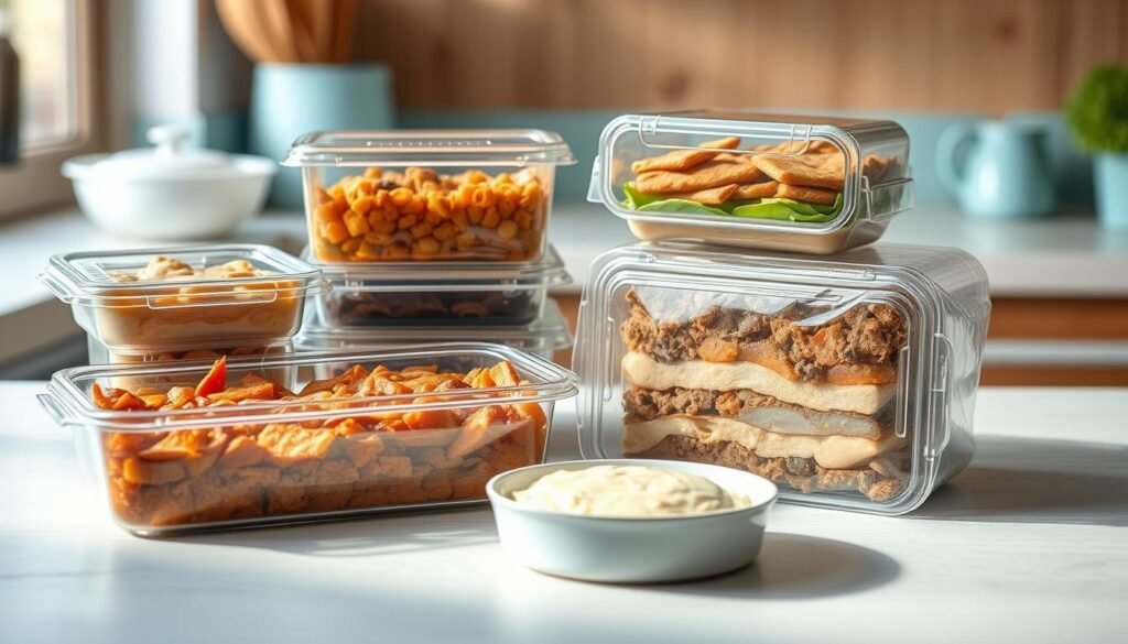 Cozy kitchen with wooden textures and light blue accents. Smooth surfaces and rough edges of freezer meals, contrasting in color and tactile sensation. Carefully arranged selection of wholesome, hearty dishes, their layers and textures visible through transparent containers. Soft, natural lighting illuminates the scene, highlighting the visual and sensory appeal of these make-ahead family dinners. Convey a sense of comfort, nourishment, and purposeful preparation for satisfying meals.