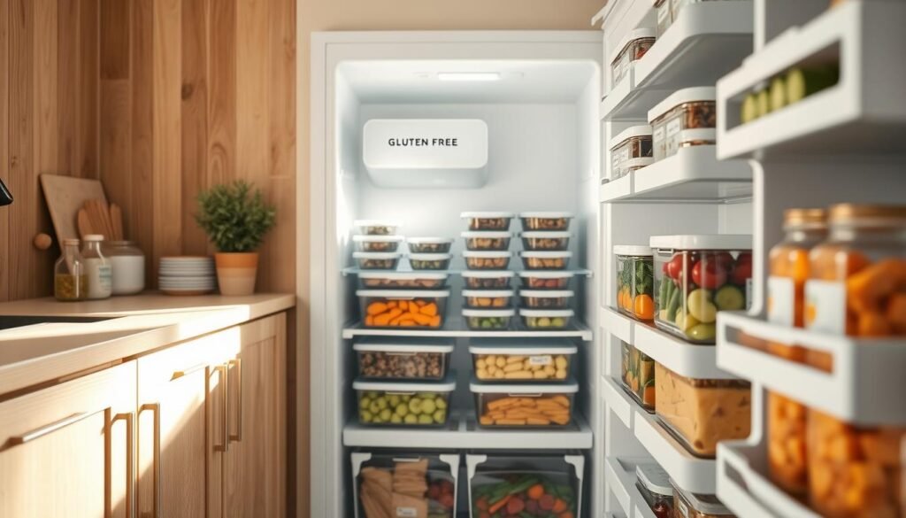 Cozy minimal kitchen interior with wooden textures, light blue accents, and no hands. Pristine white freezer filled with neatly organized gluten-free meal containers, each labeled and stacked with care. Transparent glass jars line the shelves, containing colorful frozen fruits and vegetables. Soft natural lighting casts a warm glow, highlighting the efficient yet elegant organization. A sense of calm and control pervades the scene, conveying the ease of gluten-free batch cooking and meal prep.