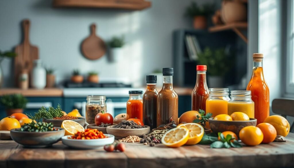 Cozy minimal kitchen with light blue accents and wooden textures. An assortment of vibrant marinades and sauces from around the world on a wooden table, capturing the essence of global flavors. Carefully arranged spices, herbs, and citrus fruits creating a visually striking composition. Soft directional lighting illuminates the scene, highlighting the rich colors and textures. The overall mood is one of culinary exploration and inspiration, inviting the viewer to discover the diverse flavors that can elevate a family dinner.