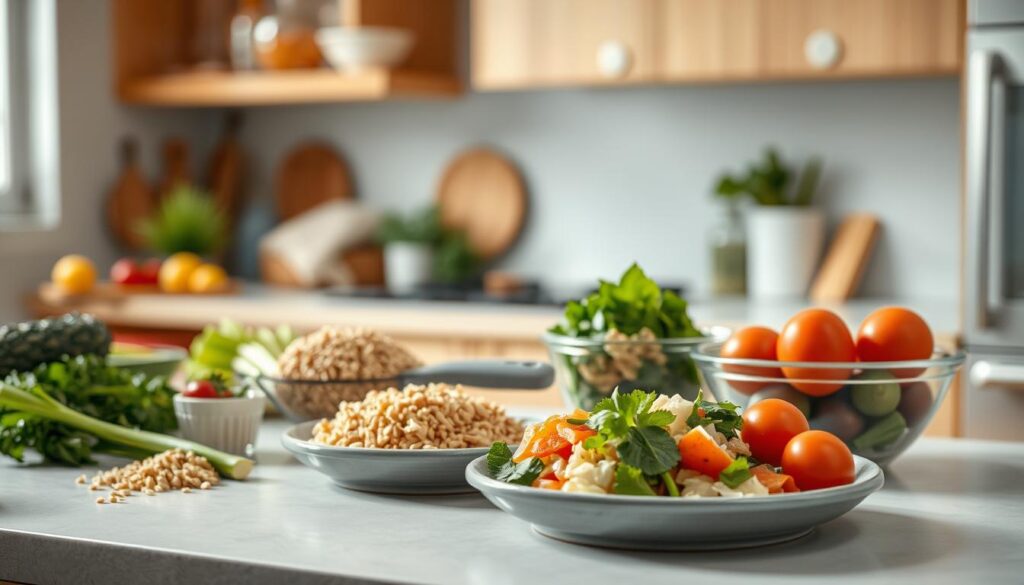 Cozy minimal kitchen with warm wooden textures and light blue accents. On the countertop, an array of healthy ingredients - fresh vegetables, grains, and lean proteins. In the foreground, a series of simple, time-saving meal prep techniques are demonstrated: chopping, marinating, and pre-portioning. Soft, natural lighting illuminates the scene, highlighting the efficiency and ease of these nutritious meal solutions. The overall atmosphere conveys a sense of calm productivity, inspiring viewers to embrace quick, balanced meal prep for a healthy, balanced diet.