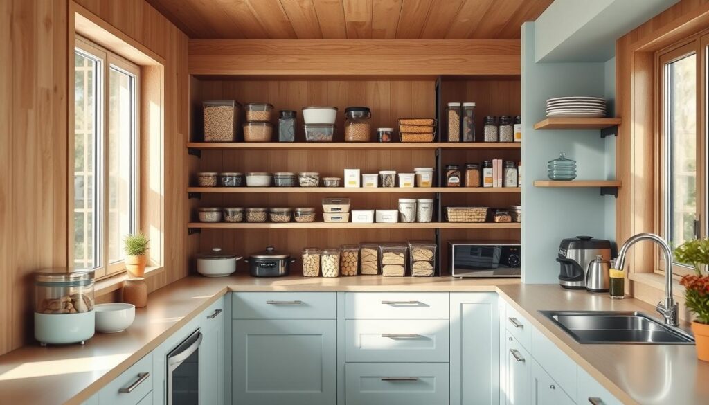 Cozy minimal kitchen with warm wooden textures and light blue accents. Sleek modern appliances and neatly organized pantry shelves showcasing efficient batch cooking systems. Carefully arranged glass containers, color-coded labels, and a streamlined workflow demonstrate an optimized meal prep setup. Soft natural lighting from large windows illuminates the organized space, creating an inviting and productive atmosphere for meal planning and preparation.