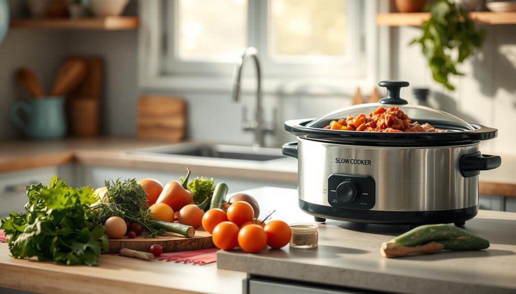 Cozy minimal kitchen with wooden textures and light blue accents. On the counter, a slow cooker filled with a hearty, fragrant stew. Nearby, an assortment of fresh vegetables, herbs, and spices, neatly arranged. The atmosphere is calm and inviting, with soft, diffused lighting casting a warm glow. The scene conveys the benefits of slow cooker meal prep - effortless, hands-off cooking that fills the home with comforting aromas. No people are present, allowing the focus to remain on the slow cooker and its bounty.