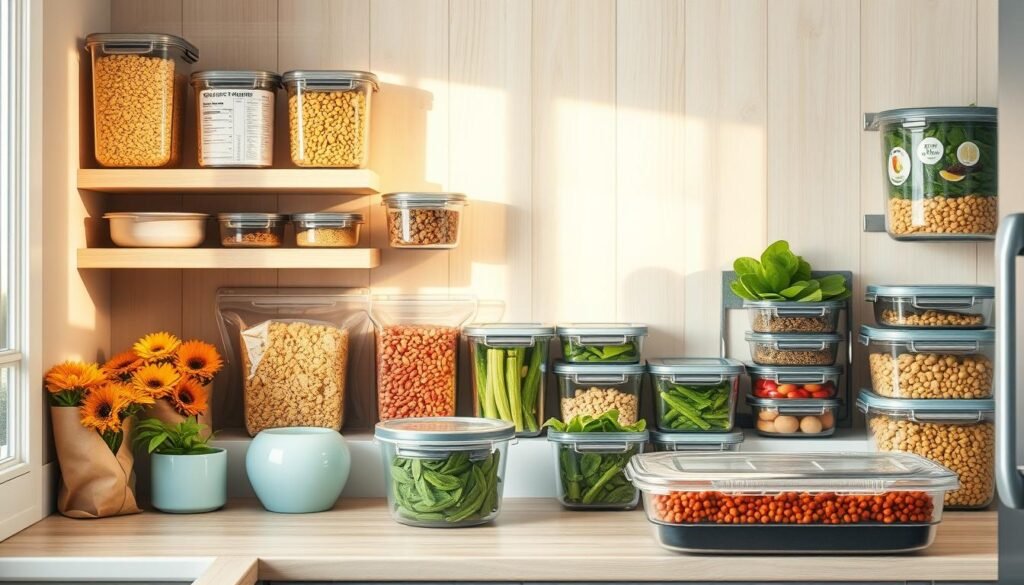 Cozy, minimal kitchen with wooden textures and light blue accents. Shelves stocked with a variety of freezer-friendly vegan ingredients - hearty legumes, whole grains, flash-frozen vegetables, and plant-based proteins. Elegant glass containers filled with meal prep staples. Warm, natural lighting casts a soft glow, highlighting the fresh, wholesome nature of these nourishing, plant-based dishes. A serene, tranquil atmosphere that inspires the creation of delicious, nutritious meals to enjoy now or save for later.