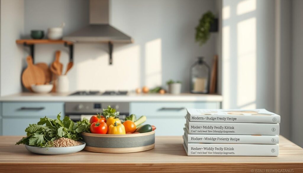 Cozy minimalist kitchen with light blue accents and warm wooden textures. On the countertop, an array of fresh, seasonal ingredients - leafy greens, vibrant vegetables, and whole grains. Nearby, a stack of modern, budget-friendly recipe books, their covers featuring simple, stylized illustrations. The lighting is soft and natural, casting a gentle glow over the scene, as if captured in the golden hour. The overall atmosphere is one of intentional, affordable nourishment - a space to experiment with new, cost-conscious culinary creations.