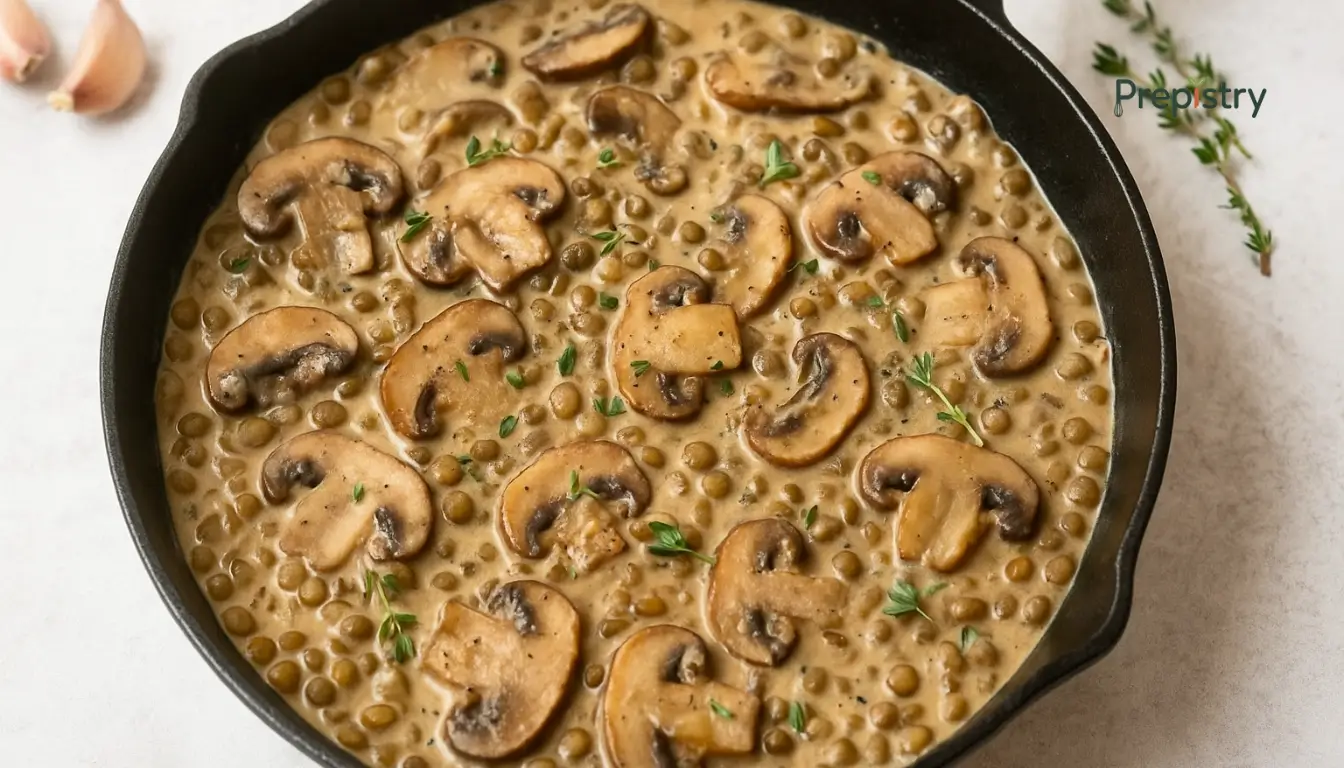 Creamy Mushroom Lentil Skillet with Thyme & Garlic Creamy lentil and mushroom skillet with fresh thyme in a cast iron pan on rustic wood