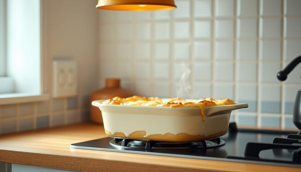 Creamy casserole gently reheating on the stovetop, steam rising in soft wisps. Warm amber lighting from a vintage pendant fixture casts a cozy glow over the kitchen scene. The casserole dish, with its golden-brown crust, sits atop a wood-grained countertop, accented by light blue ceramic tiles. The minimal, uncluttered space evokes a sense of calm and comfort, inviting the viewer to imagine the delicious aroma and satisfying flavors about to be revealed.
