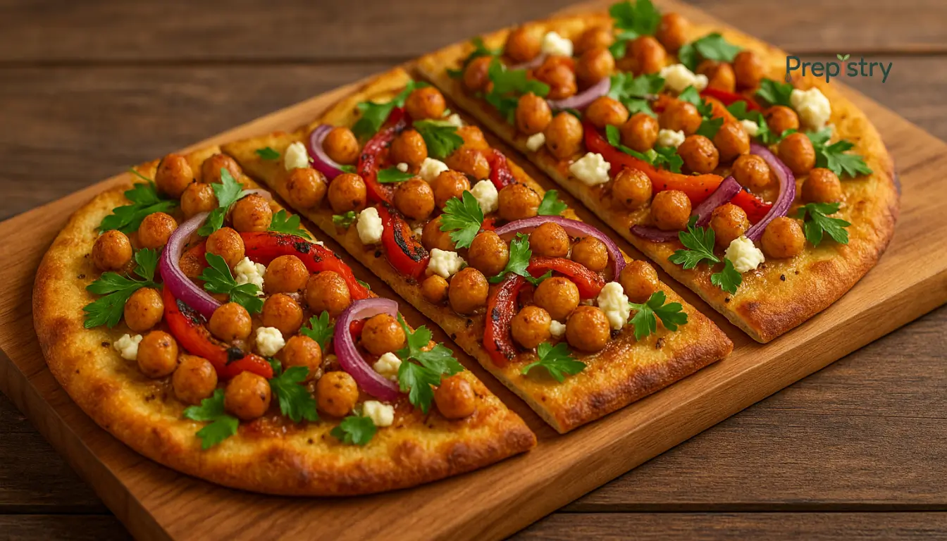 Crispy Chickpea and Roasted Pepper Flatbread Crispy flatbread with chickpeas, roasted peppers, red onion, feta, and fresh parsley