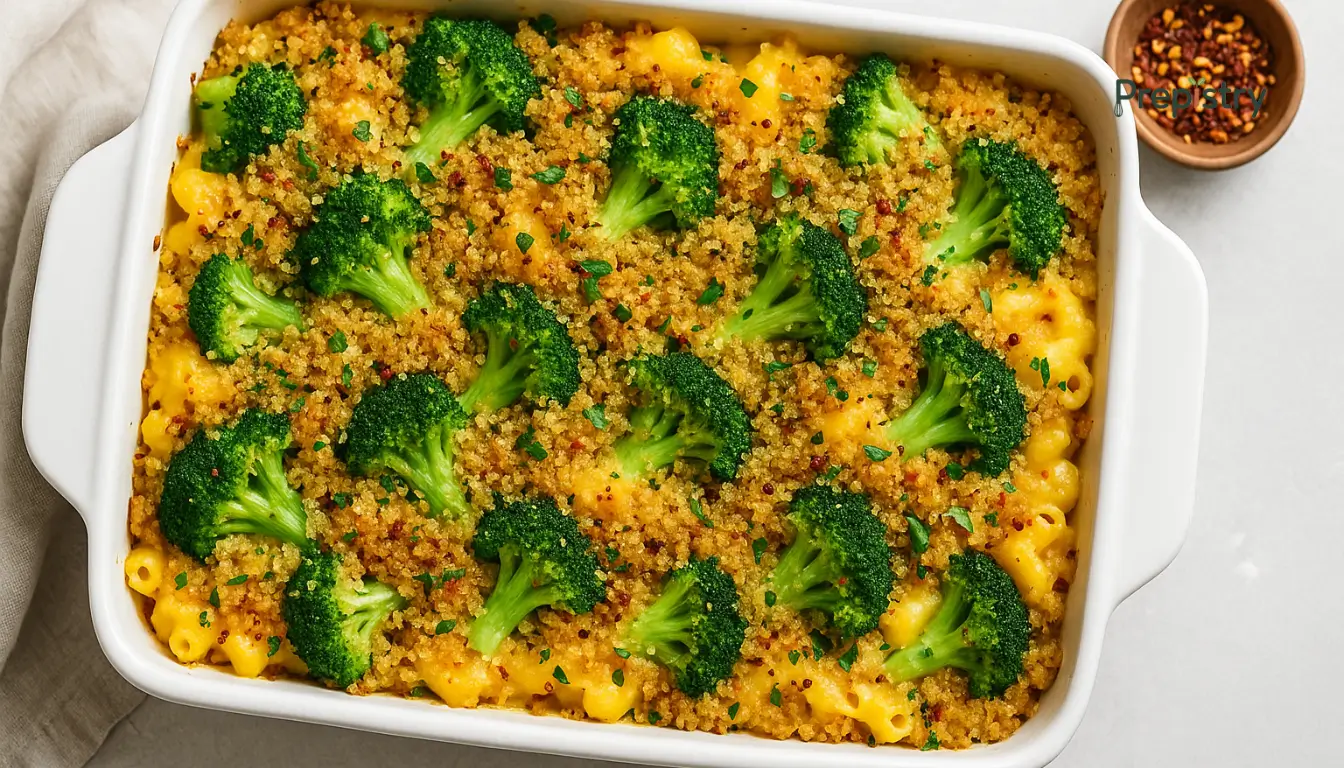 Crispy quinoa-topped mac and cheese bake with broccoli in a ceramic dish