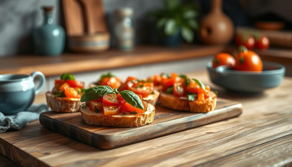 Crostini and bruschetta, a symphony of Italian flavors, artfully arranged on a rustic wooden board. The golden toasted bread, topped with vibrant tomatoes, fragrant basil, and a drizzle of rich olive oil, all set against a backdrop of a cozy, minimal kitchen. Soft, warm lighting casts a gentle glow, highlighting the textures of the wooden surfaces and the subtle blue accents that complement the natural hues. The scene exudes an inviting, homey atmosphere, beckoning the viewer to savor the simple pleasures of these beloved Italian appetizers.