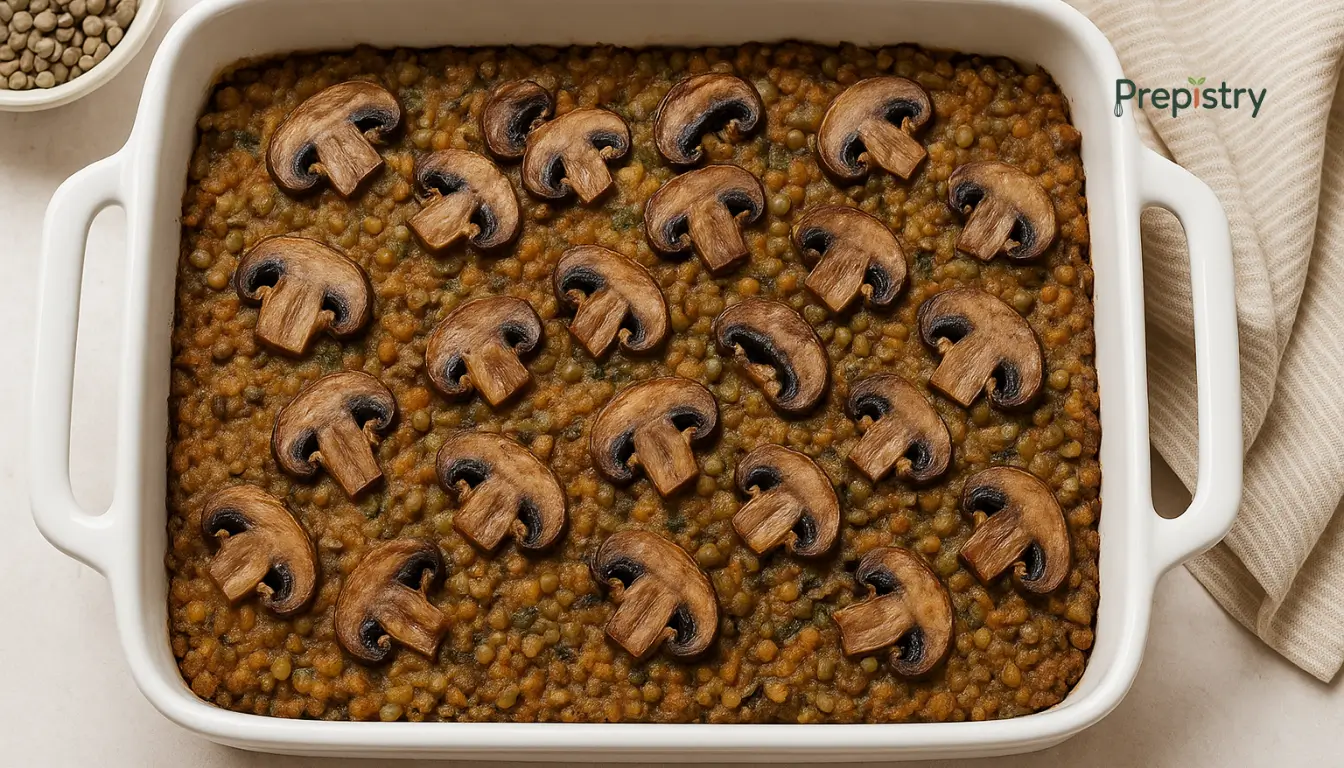 Freezer-Friendly Balsamic Mushroom Lentil Bake Balsamic lentil bake in white dish with crispy topping and rustic presentation
