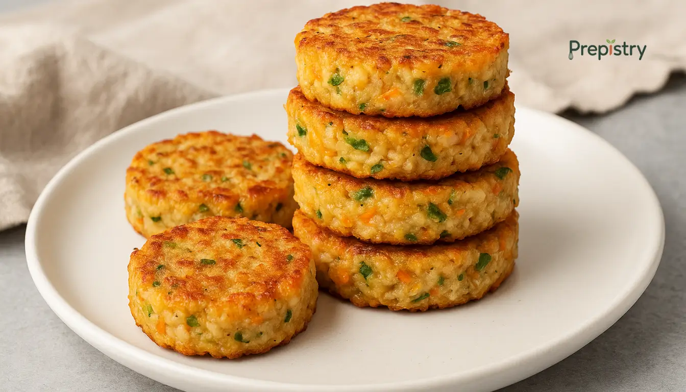 Freezer-Friendly Chicken & Veggie Rice Cakes Golden brown chicken and veggie rice cakes stacked on a white plate with two beside