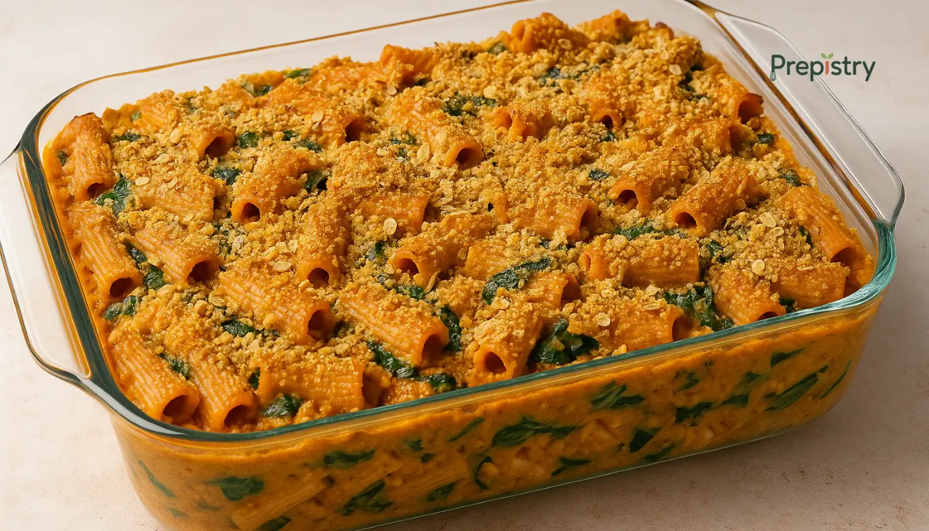 Freezer-Friendly Creamy Red Lentil Baked pasta dish with red lentil sauce, wilted greens, and a golden oat-almond topping