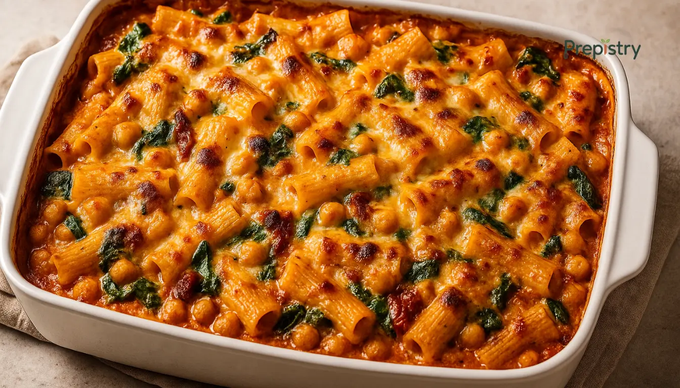 Freezer-Friendly Creamy Tuscan Chickpea Pasta Bake Golden Tuscan pasta bake with chickpeas, spinach, and creamy tomato sauce in white baking dish
