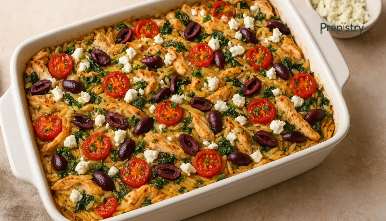 Freezer-Friendly Greek-Inspired Golden Greek chicken and orzo bake with cherry tomatoes, olives, spinach, and feta in a white dish