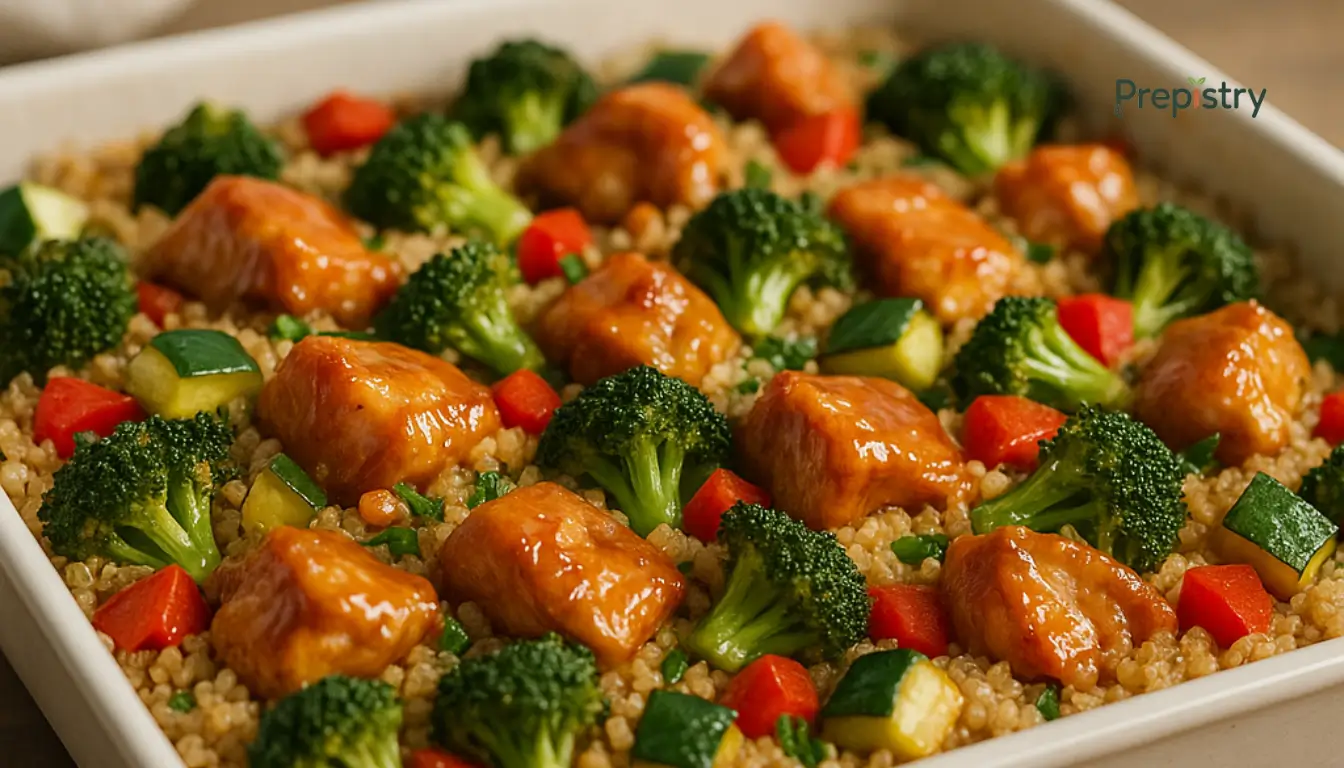 Freezer-Friendly Honey Garlic Chicken Honey garlic chicken quinoa bake with colorful vegetables in a white casserole dish