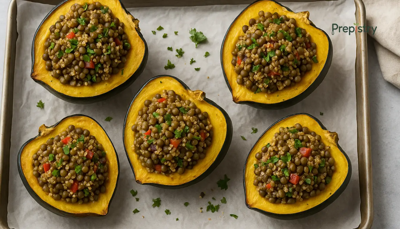Freezer-Friendly Lentil Quinoa Stuffed Squash Roasted acorn squash halves filled with lentil quinoa mix on a parchment-lined baking tray