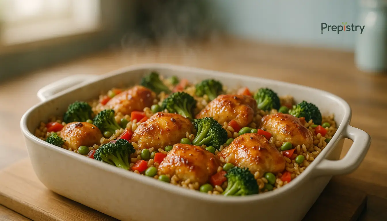 Freezer-Friendly Miso Honey Chicken Baked miso honey chicken with rice, broccoli, peppers, and edamame in a white casserole dish