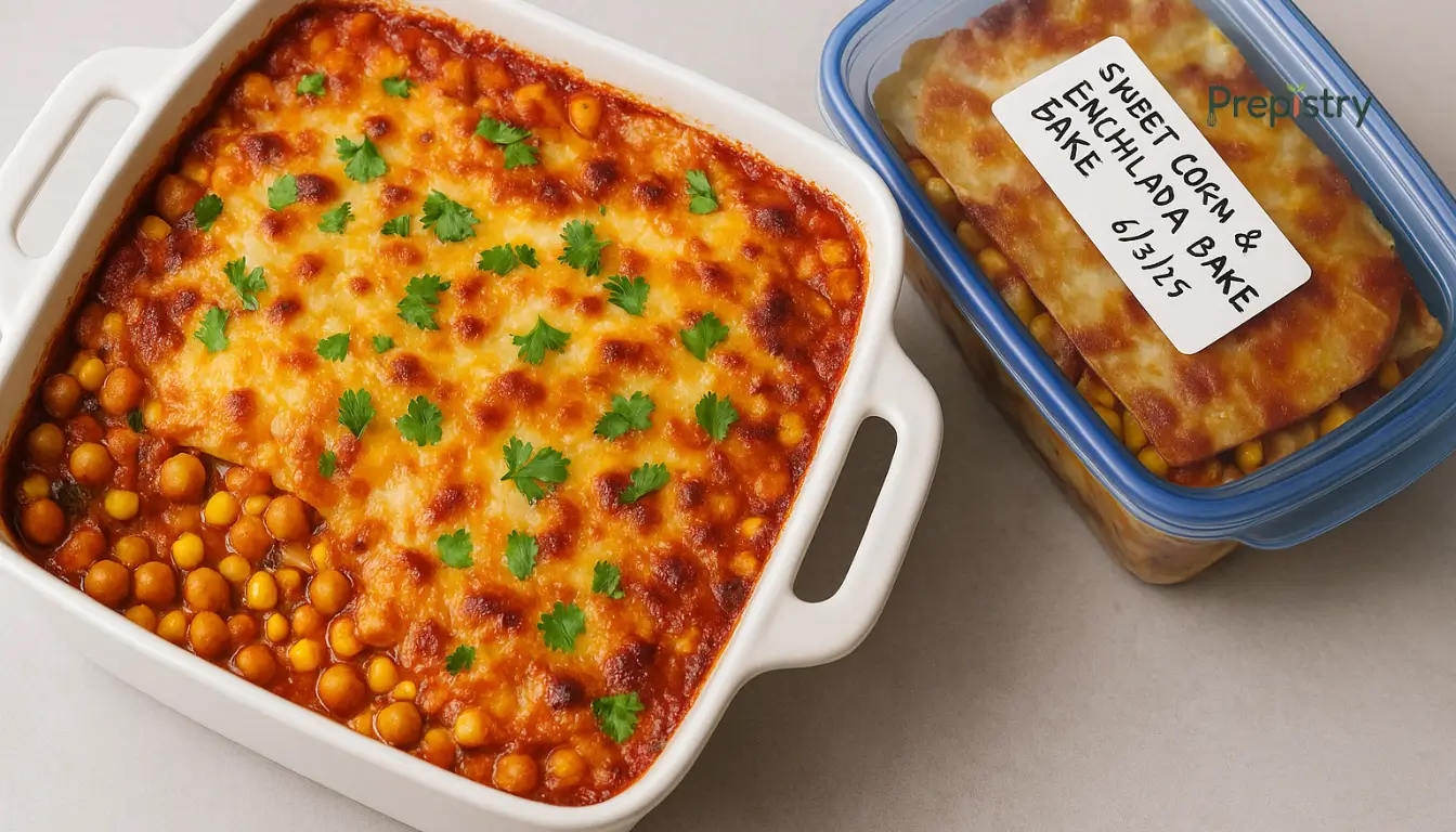 Freezer-Friendly Sweet Corn & Chickpea Freezer-friendly enchilada bake with chickpeas, corn, beans, and melted cheese in a white dish