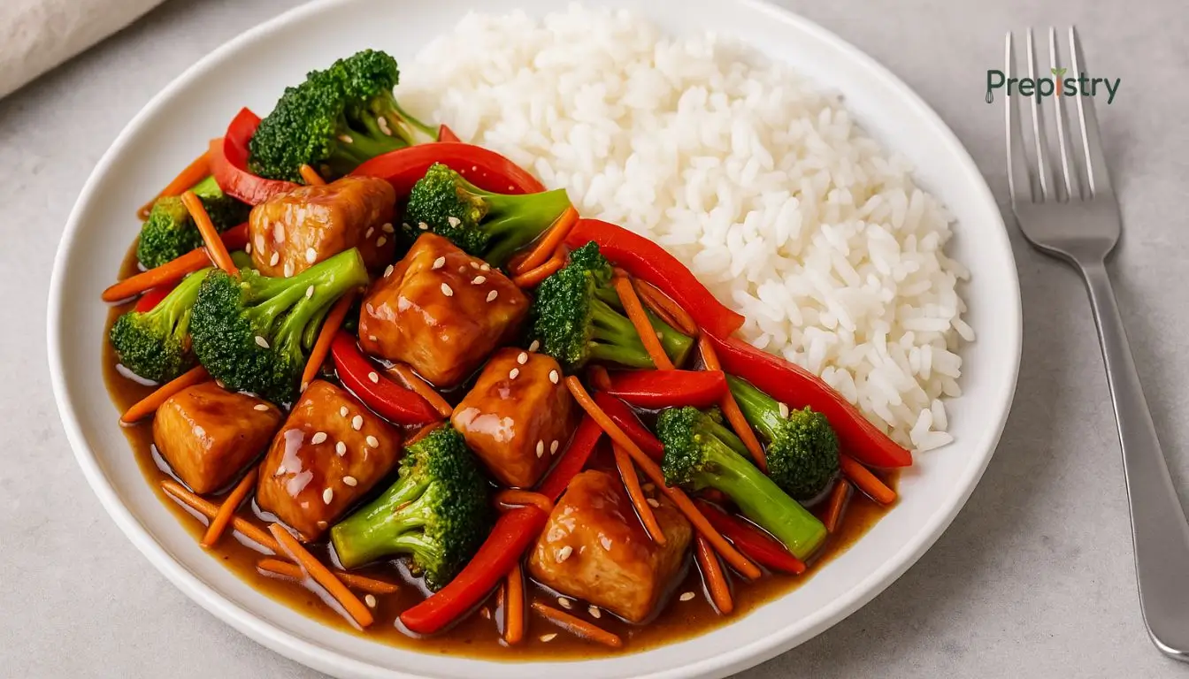 Freezer-Friendly Teriyaki Chicken Stir Fry Packs Teriyaki chicken stir fry with broccoli, peppers, carrots, and rice on a white plate