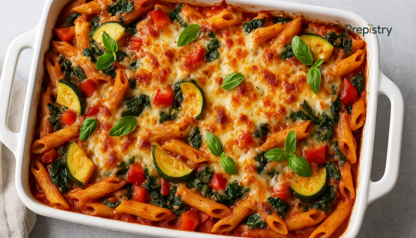 Freezer-Friendly Veggie-Loaded Pasta Bake Golden baked pasta topped with zucchini, spinach, and bubbling mozzarella in a white dish