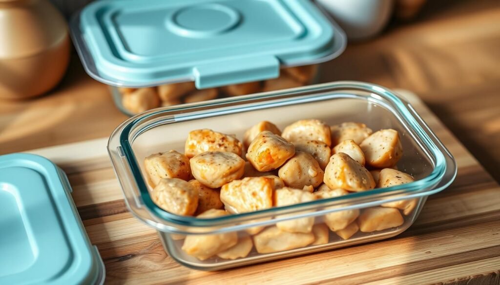 Freezing marinated chicken tips, perfectly portioned in a glass meal prep container with a light blue lid, resting on a wooden cutting board. Soft natural lighting illuminates the juicy, seasoned chicken pieces, their golden hues complemented by the minimal, cozy kitchen setting - wooden textures, light blue accents, and no distracting elements. The image captures the essence of meal prep and flavor-boosting marinades, ready to be enjoyed as a wholesome family dinner.