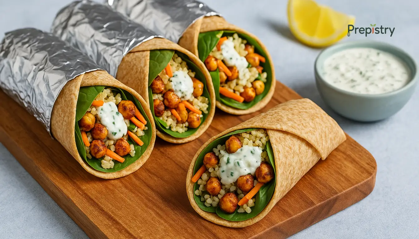 Garlic-Lemon Quinoa and Chickpea Freezer Wraps Whole grain wraps filled with quinoa, chickpeas, carrots, and lemon-herb yogurt drizzle