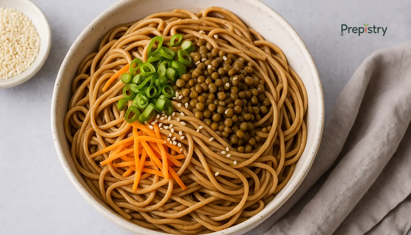 Garlic-Sesame Lentil Noodle Bowls Garlic-sesame noodles topped with lentils, carrots, scallions, and sesame seeds in a bowl