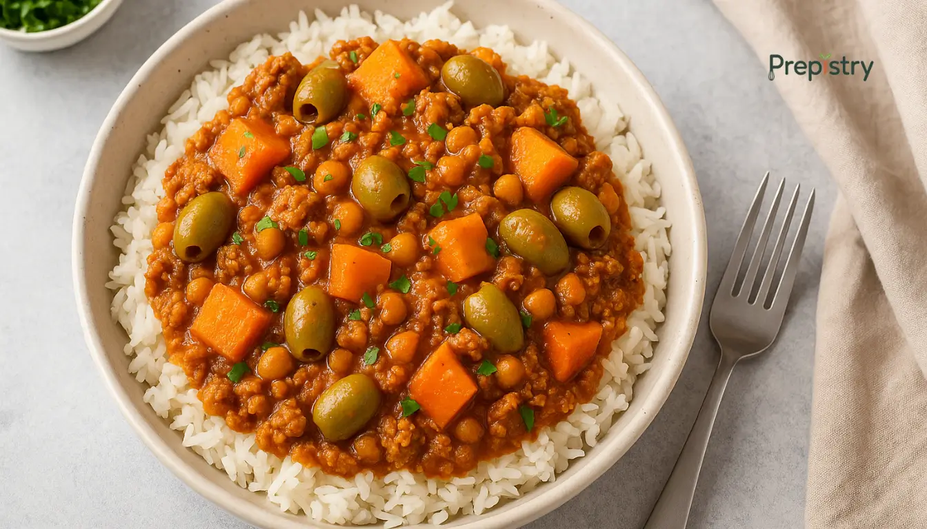 Gluten-Free Moroccan Turkey & Olive Tagine Bowls Moroccan turkey tagine bowl with olives, chickpeas, sweet potatoes, and fresh parsley