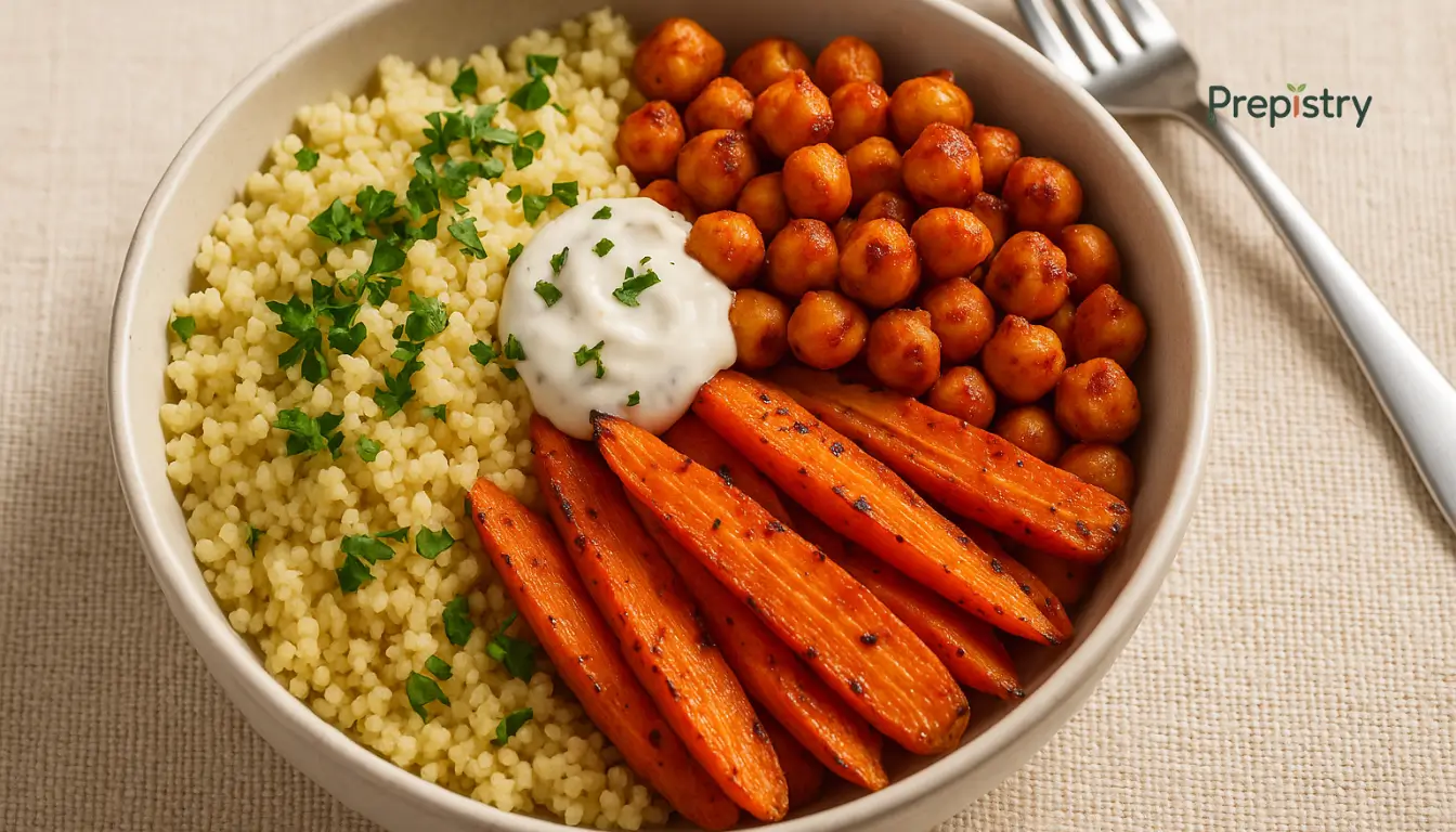 Harissa-Spiced Chickpea & Roasted Carrot Couscous Bowls Chickpeas, roasted carrots, and couscous with fresh parsley and yogurt in a ceramic bowl