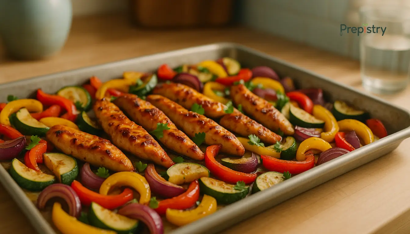 Honey-Lime Chicken & Rainbow Veggie Sheet-Pan Prep Honey-lime glazed chicken with roasted rainbow vegetables on a gray sheet pan