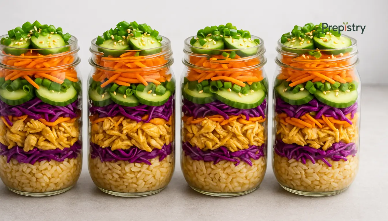 Lemon-Ginger Chicken and Rice Lunch Jars Lunch jars with lemon-ginger chicken, brown rice, and fresh vegetables in neat glass containers