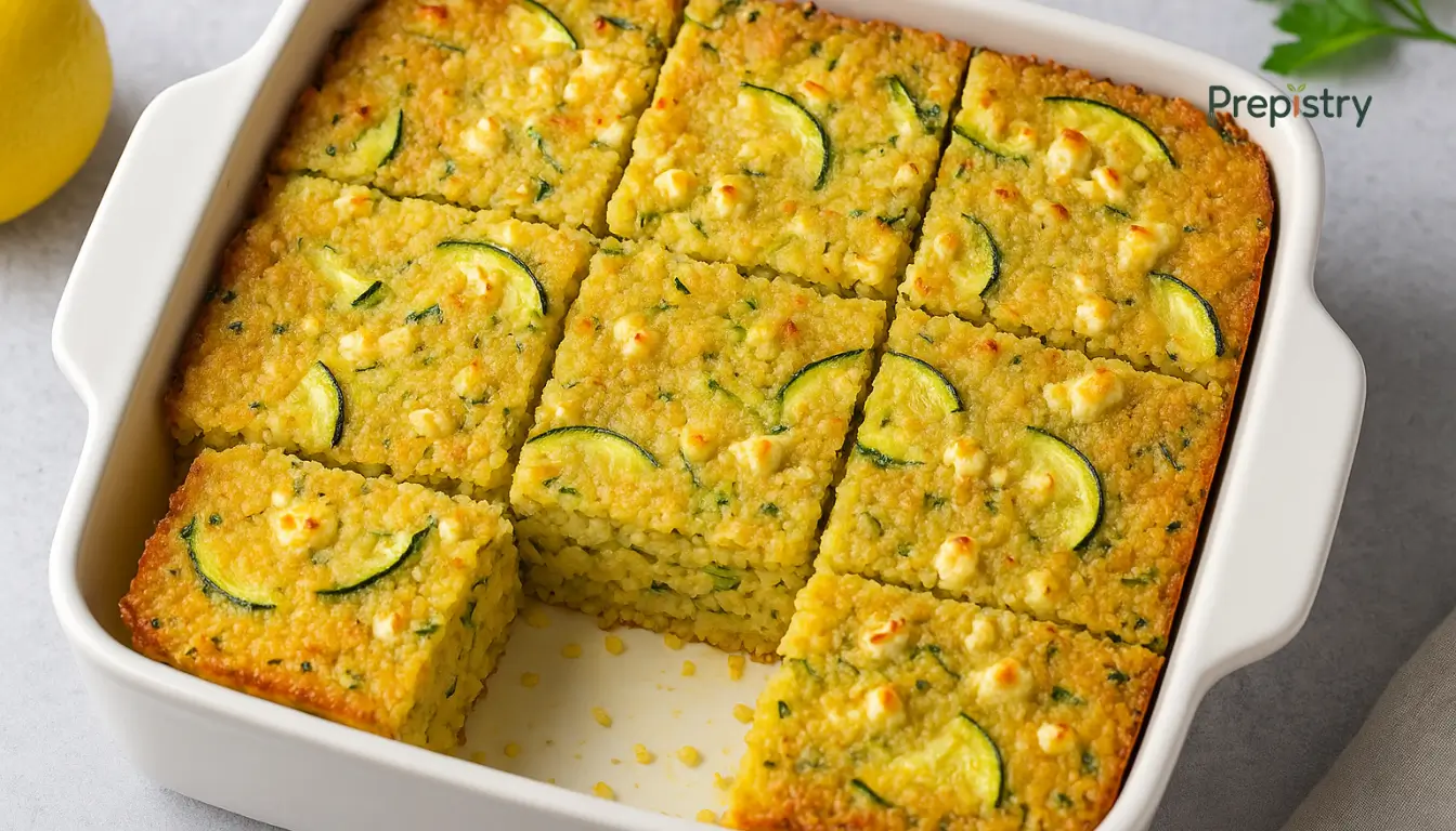 Lemon Zucchini Couscous Bake Golden couscous bake with zucchini and feta slices in a white ceramic dish