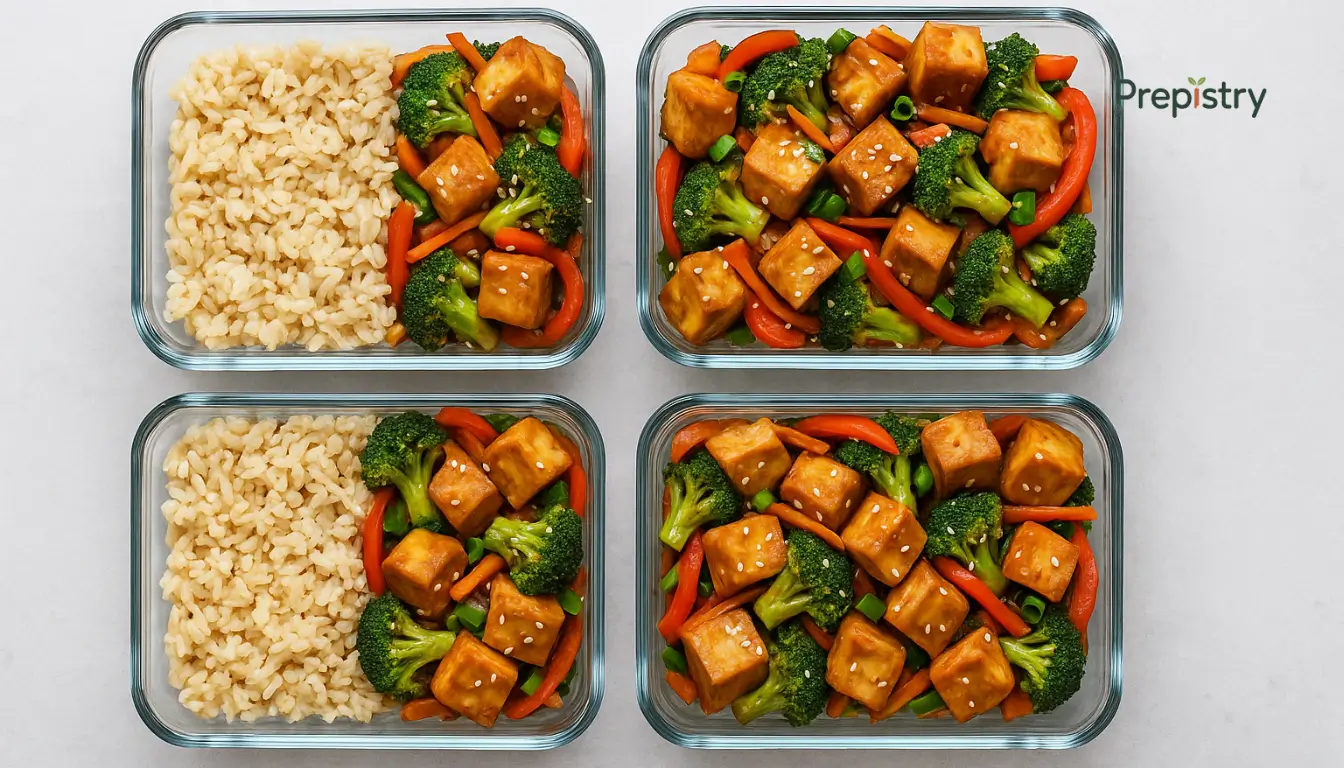 Meal Prep Veggie Tofu Stir Fry Cups Four glass containers filled with brown rice, stir-fried tofu, broccoli, and red peppers