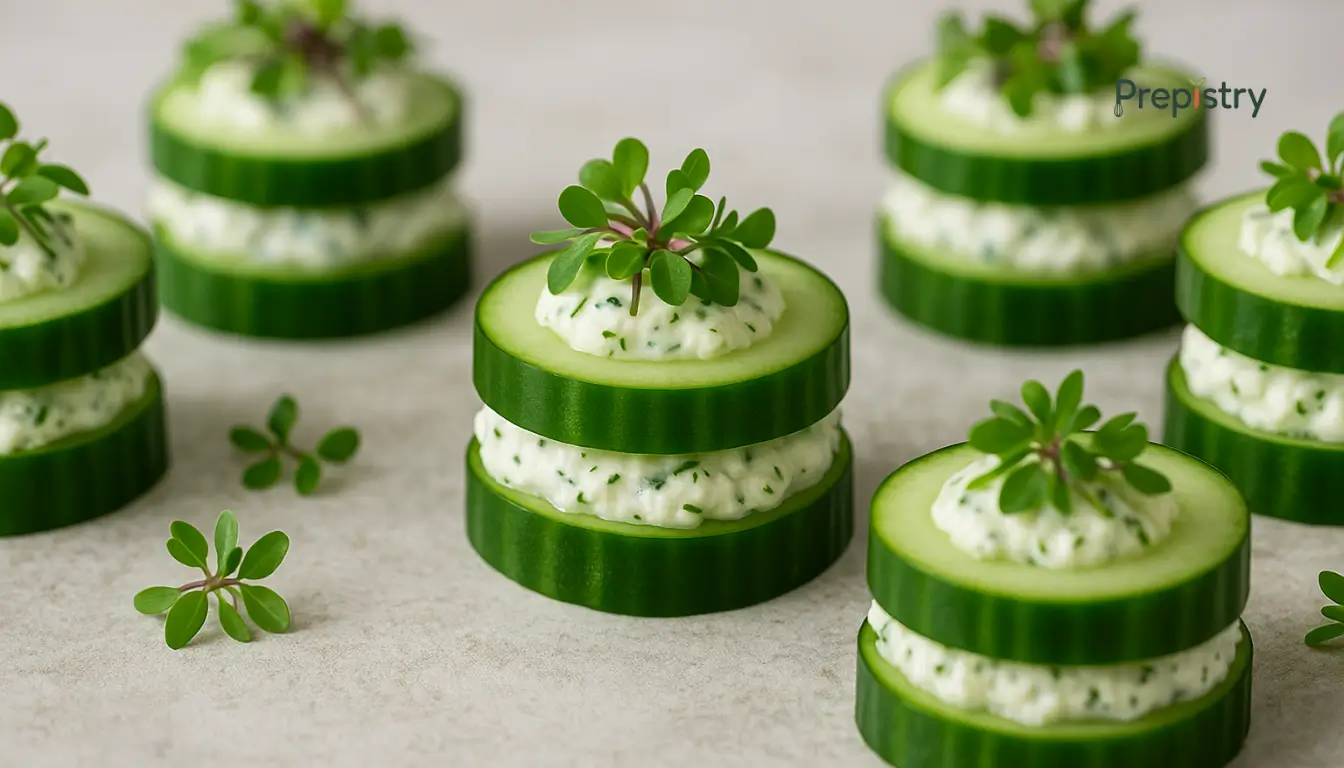 Mini Herbed Ricotta Cucumber Stacks Layered cucumber rounds filled with herbed ricotta cheese and topped with fresh microgreens