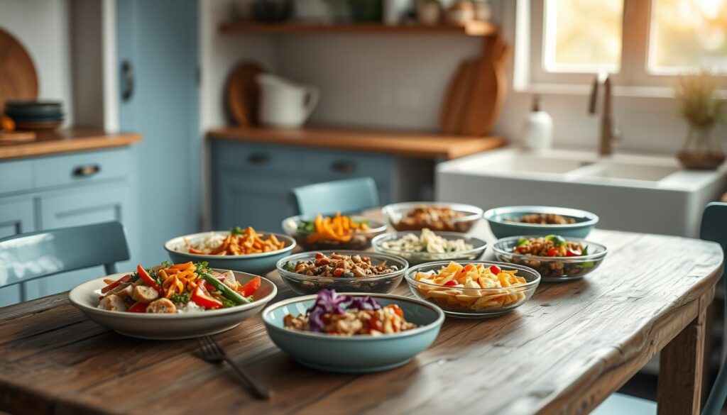Personalized meal prep recipes displayed on a rustic wooden table in a cozy, minimal kitchen. Vibrant and colorful dishes, each tailored to specific dietary needs, are arranged with care. Soft, natural lighting from a window casts a warm glow, highlighting the textures of the wooden surfaces and light blue accents. The overall atmosphere is one of intentionality and personalization, inviting the viewer to imagine curating their own nourishing, customized meals.