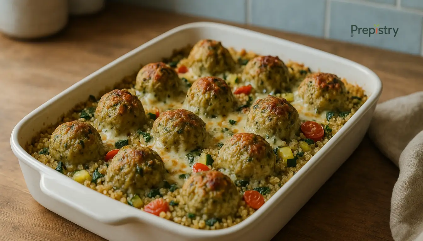 Pesto Parmesan Turkey Meatball Quinoa Bake Golden pesto-glazed turkey meatballs baked over quinoa and vegetables in a white casserole dish
