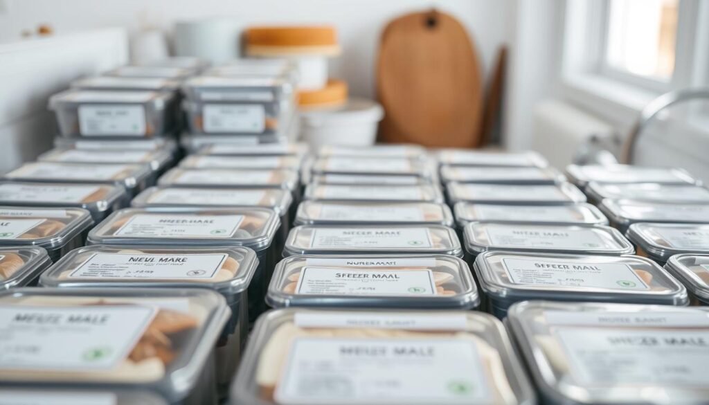 Rows of neatly organized, minimalist freezer meal labels in a cozy kitchen setting. Muted tones of light blue, natural wood, and subtle textures create a calming, organized atmosphere. The labels feature clean typography, simple icons, and just the essential information - meal name, ingredients, and nutrition facts. Soft, diffused lighting illuminates the labels, showcasing their practical yet beautiful design. The overall scene conveys a sense of efficiency and meal-prepping ease, perfectly suited for the 