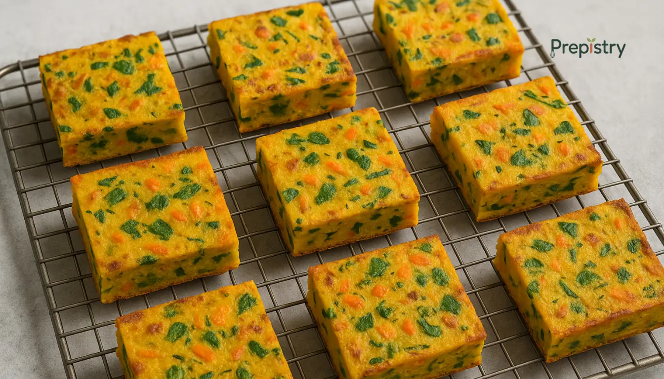 Savory Chickpea Pancake Sheet Squares Golden chickpea pancake squares with spinach and carrot on a cooling rack