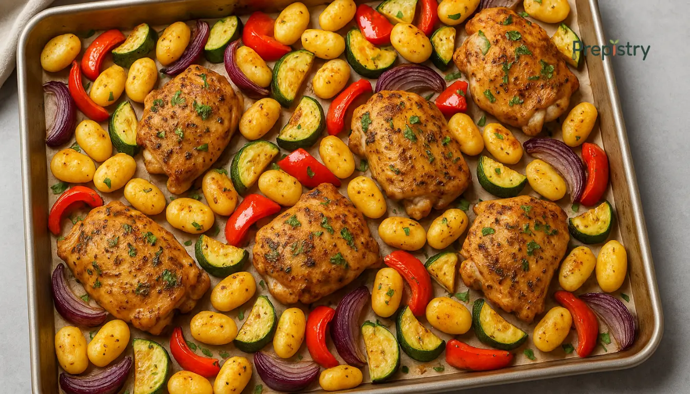 Sheet Pan Herbed Chicken Golden herbed chicken, gnocchi, and colorful veggies roasted on a sheet pan